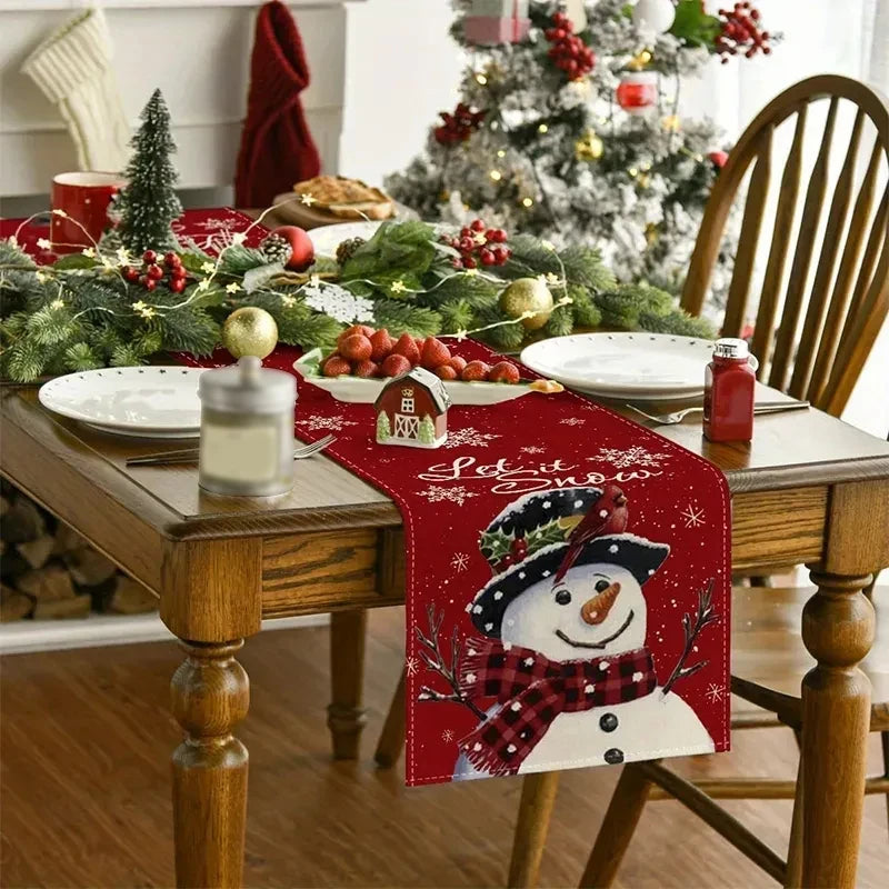 Linen Christmas Table Runner Snowman Xmas Tree Home Dining Table Cover