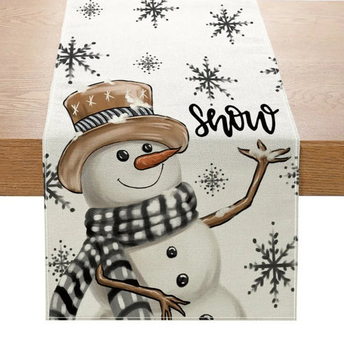 Linen Christmas Table Runner Snowman Xmas Tree Home Dining Table Cover