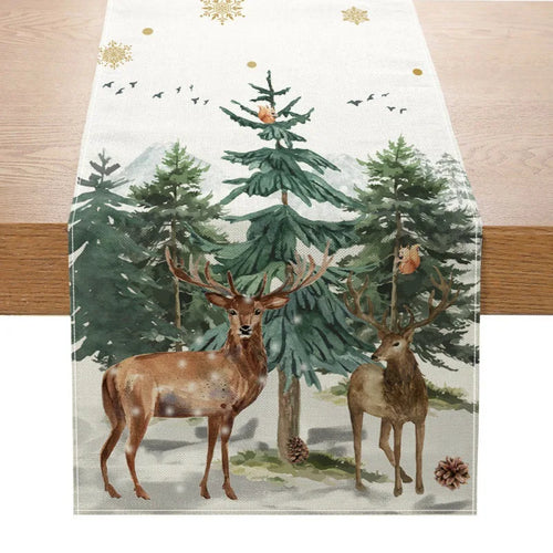 Linen Christmas Table Runner Snowman Xmas Tree Home Dining Table Cover